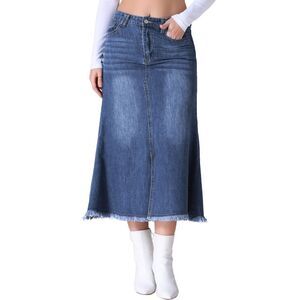 Long Denim Summer High Waisted Split A-Line Fishtail Jean Skirt Dark Blue